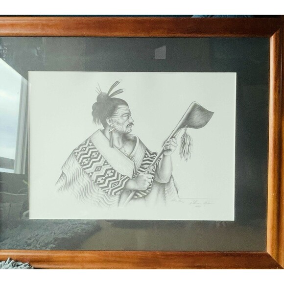MAORI Warrior Man Framed Etching Tribal Tattoo Holding Taiaha By William Mahon ? - Picture 3 of 16